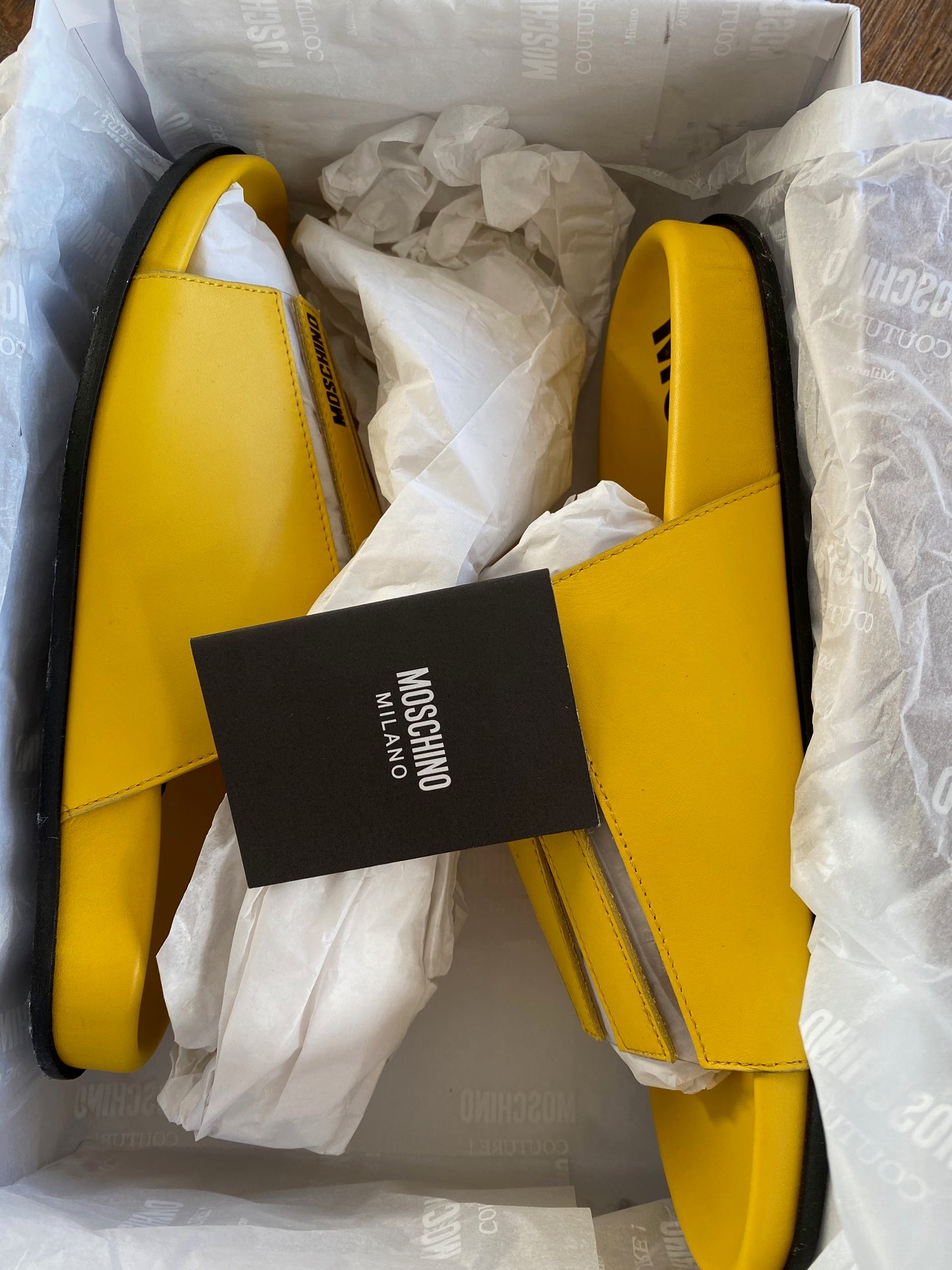 Moschino: M Logo Slide Sandals in Yellow