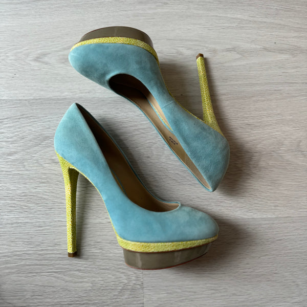 Brian Atwood: Yellow & Blue Suede Pumps
