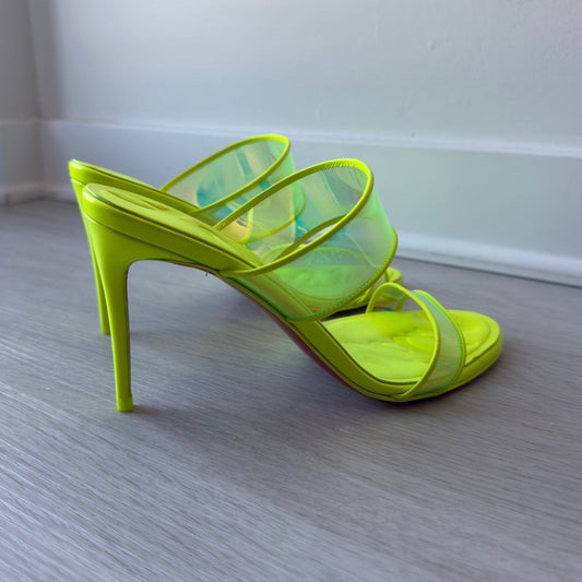 Stush Fashionista Christian Louboutin Just Loubi 85 neon green leather and PVC sandals with 3.75 inch stiletto heels