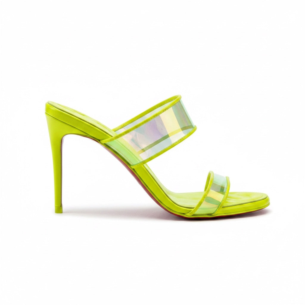 Stush Fashionista Christian Louboutin Just Loubi 85 neon green leather and PVC sandals with signature red sole