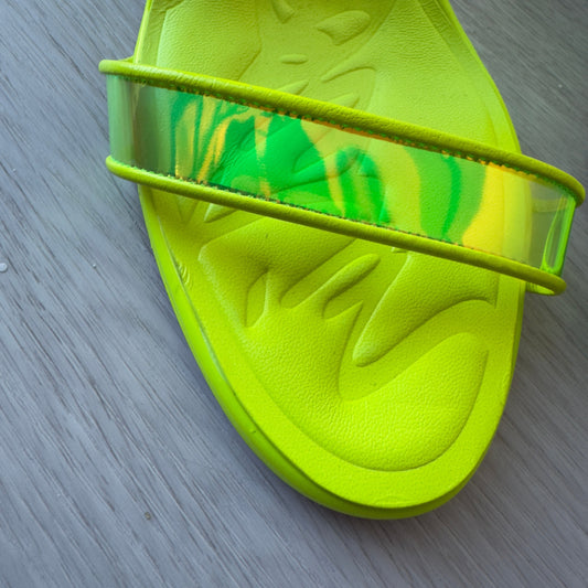 Stush Fashionista Christian Louboutin Just Loubi 85 neon green leather and PVC sandals with a transparent strap