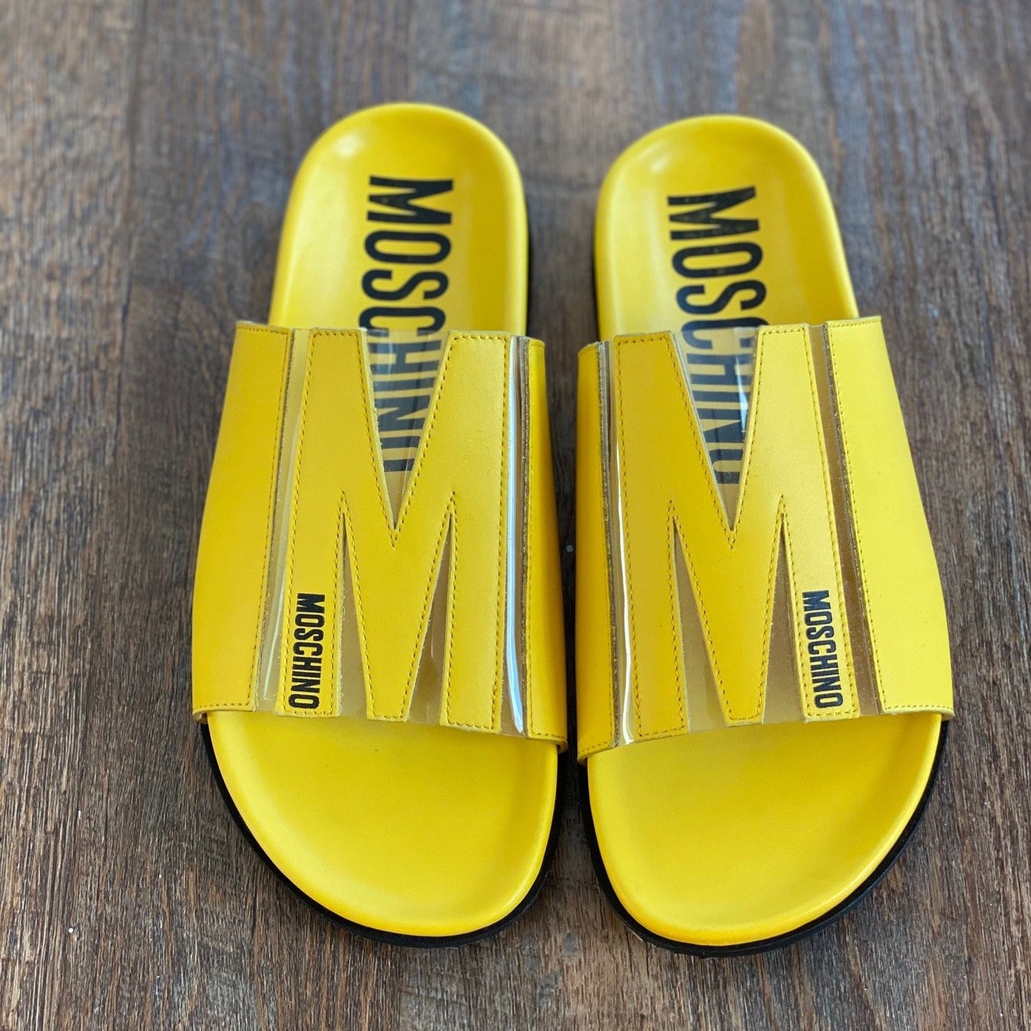 Moschino: M Logo Slide Sandals in Yellow