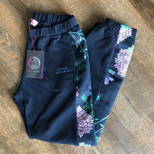 Versace: Young Navy Blue & Pink Floral Sweat Pants