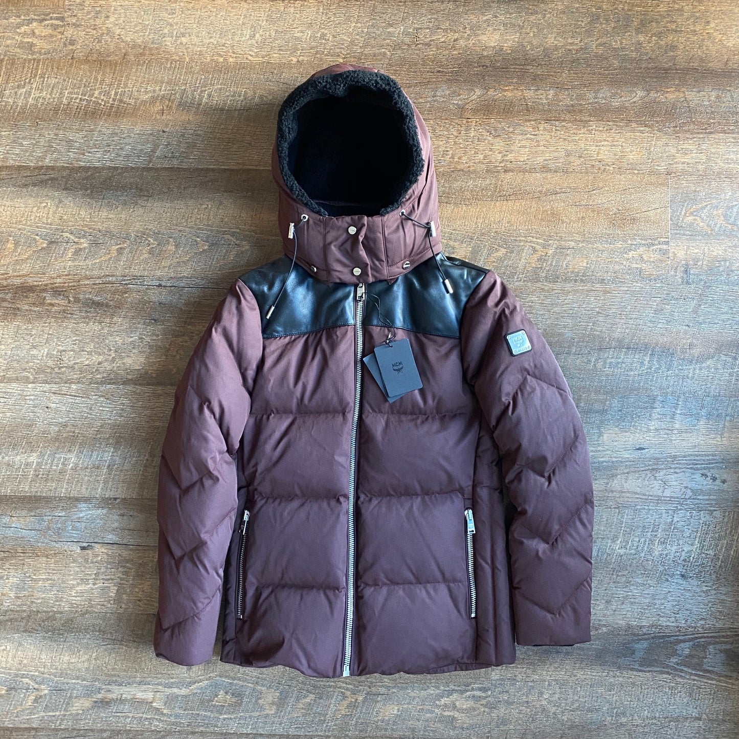 MCM: Brown Down Bubble Coat w/ Leather