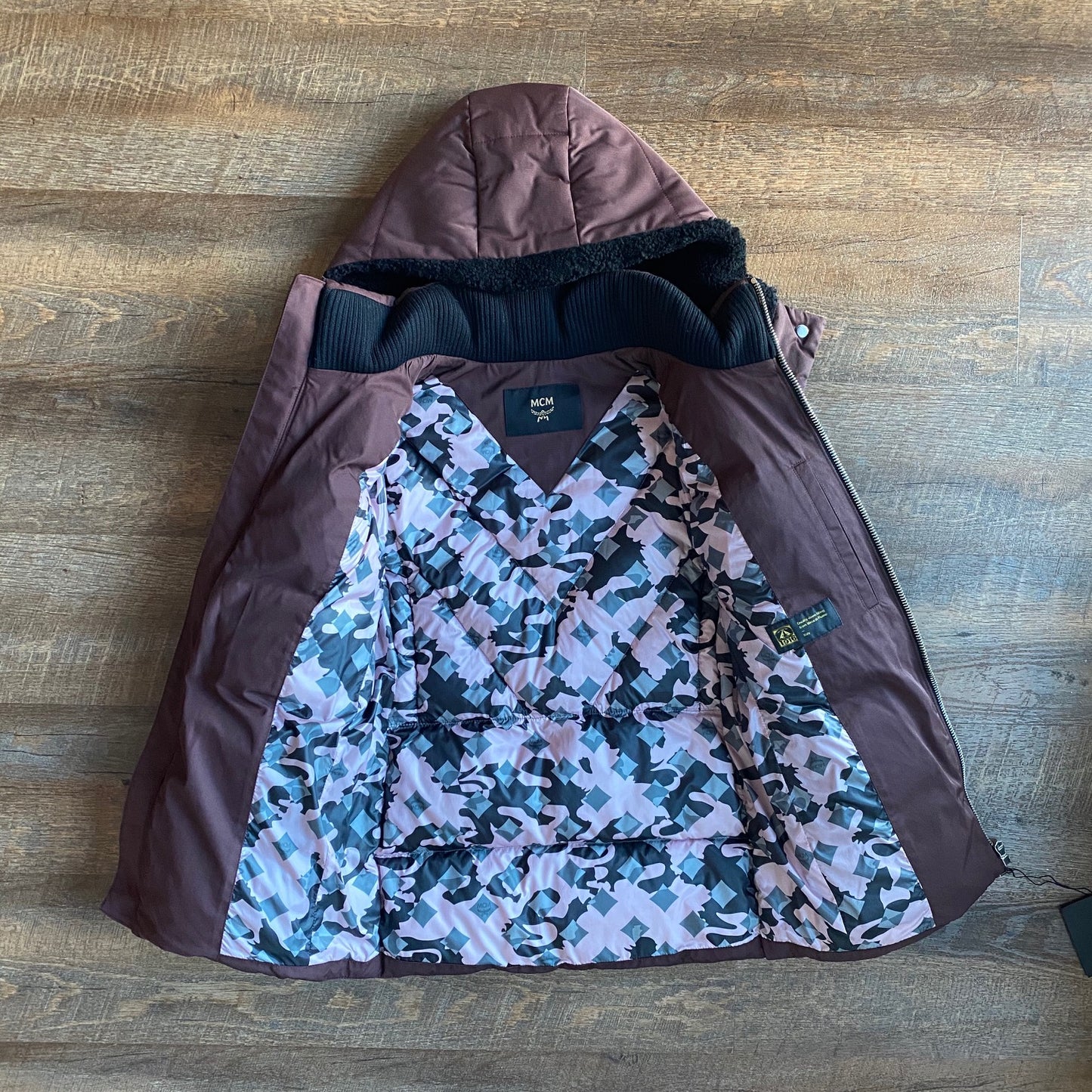 MCM: Brown Down Bubble Coat w/ Leather