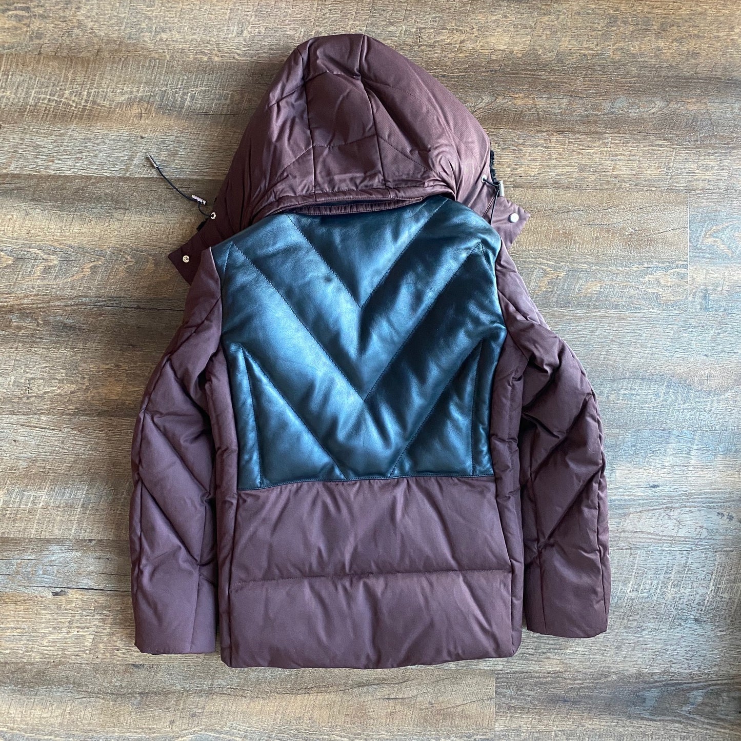 MCM: Brown Down Bubble Coat w/ Leather