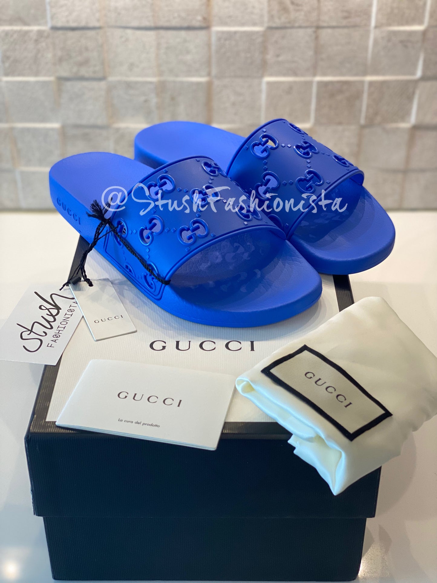Gucci: Men's Rubber GG Slides (Blue)